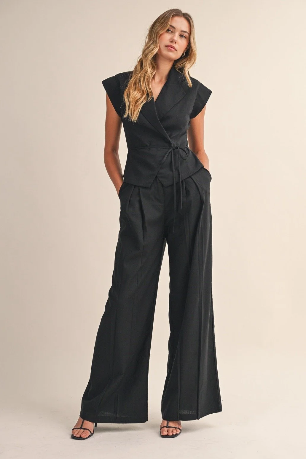 Linen Wrap Top & Pleated Trouser Set Black