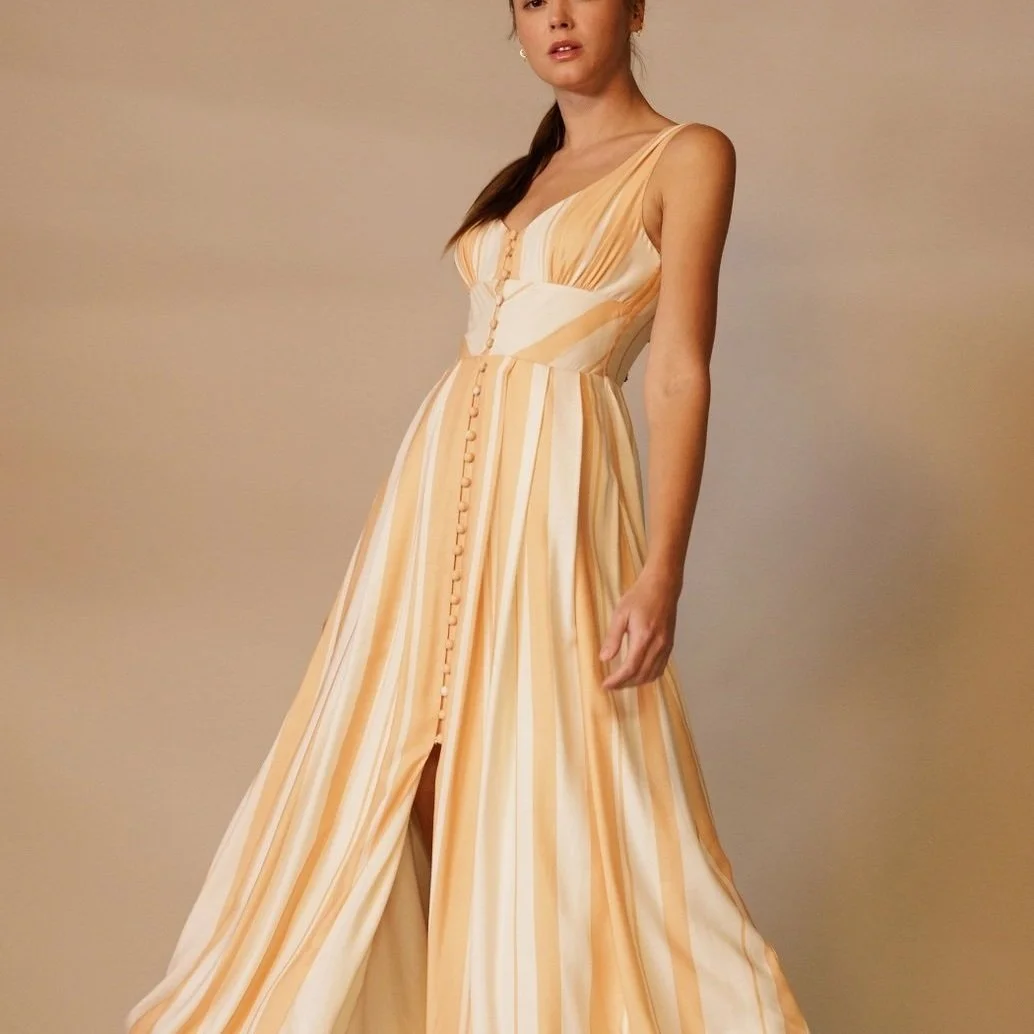 Button Down Back Buckle Dress Peach Stripe