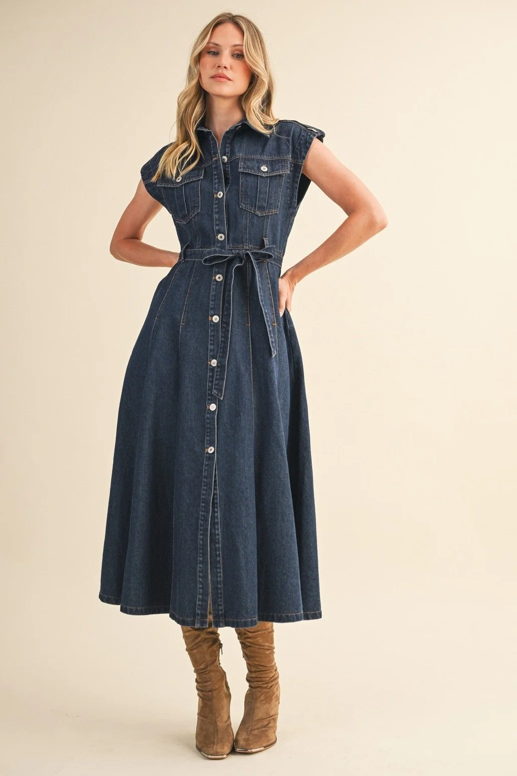 Cap Sleeve Button Down Midi Dress Dark Denim