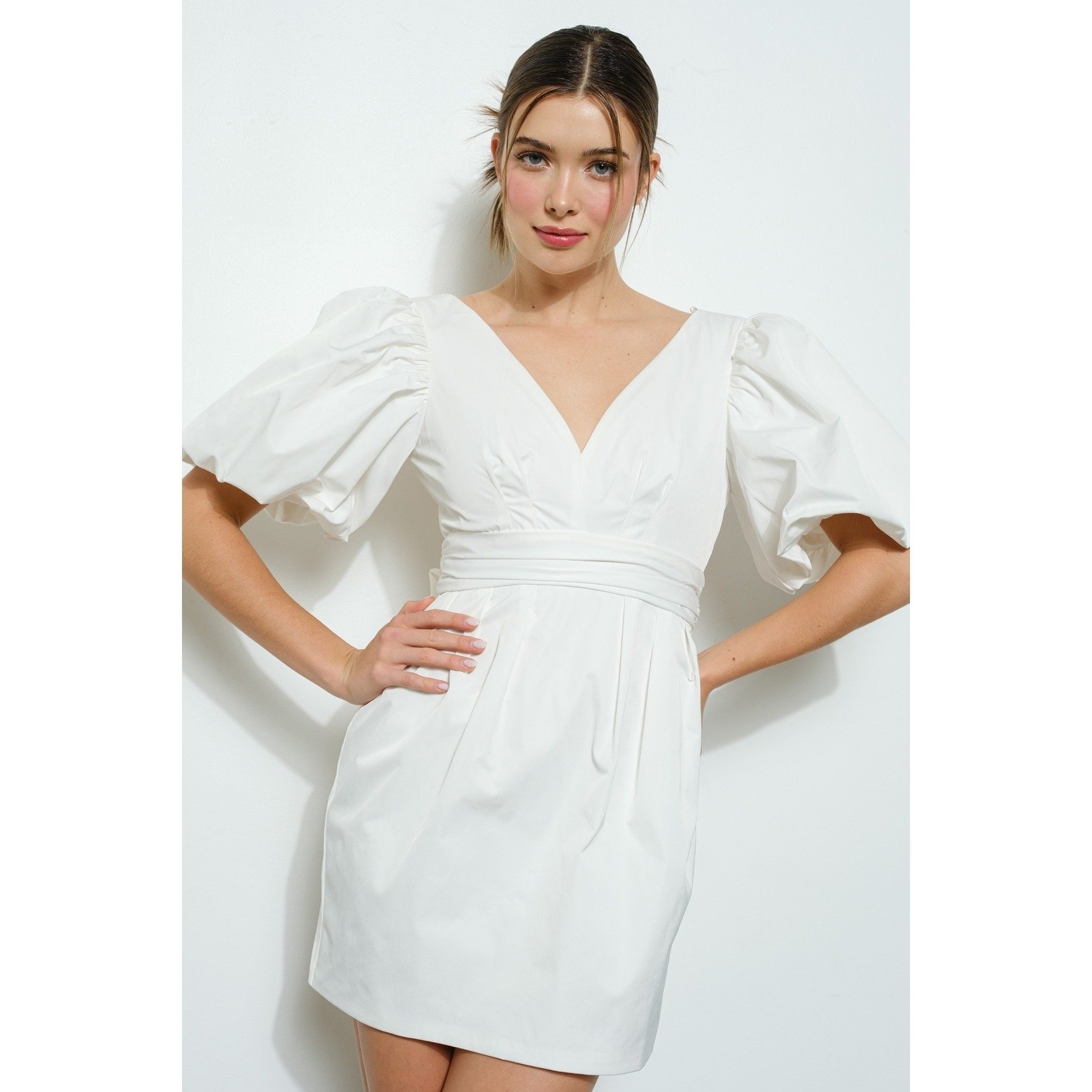 Puff Sleeve Bow Back Mini Dress White  Byron & Barclay
