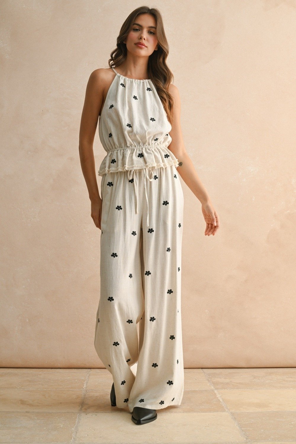 Embroidered Halter Neck Top Oatmeal