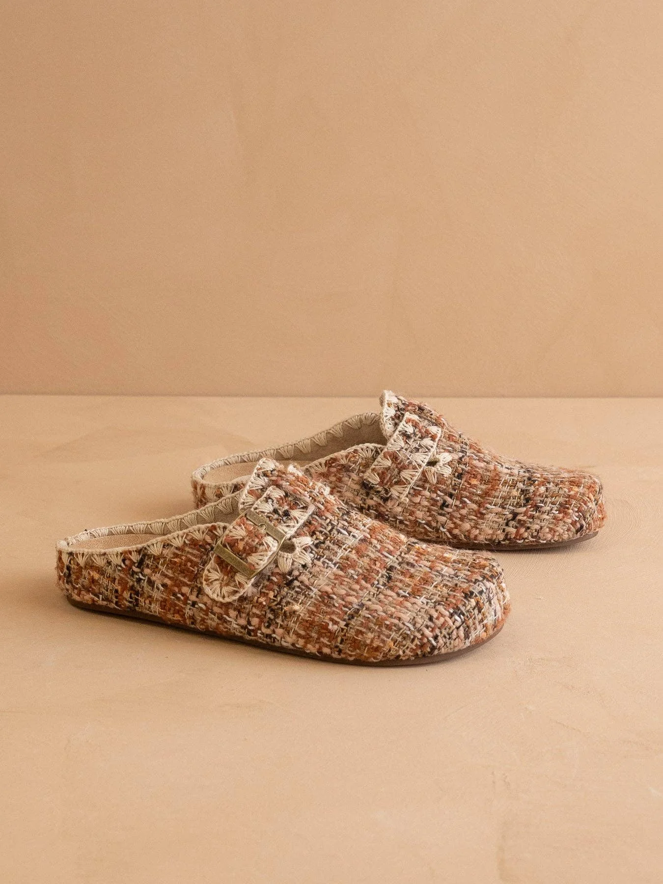 The Teri Buckle Mule Chai Tweed