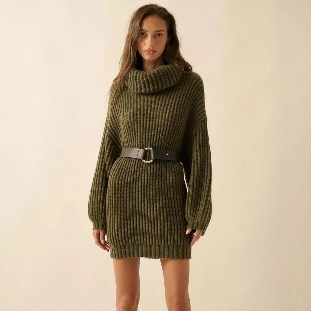 Oversized Ribbed Turtleneck Sweater Olive
