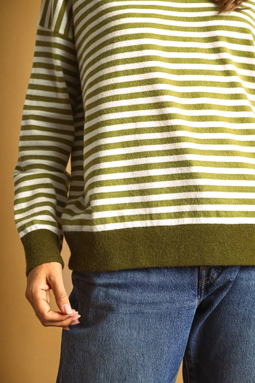 Contrast Trim Striped Sweater Sage & Ivory