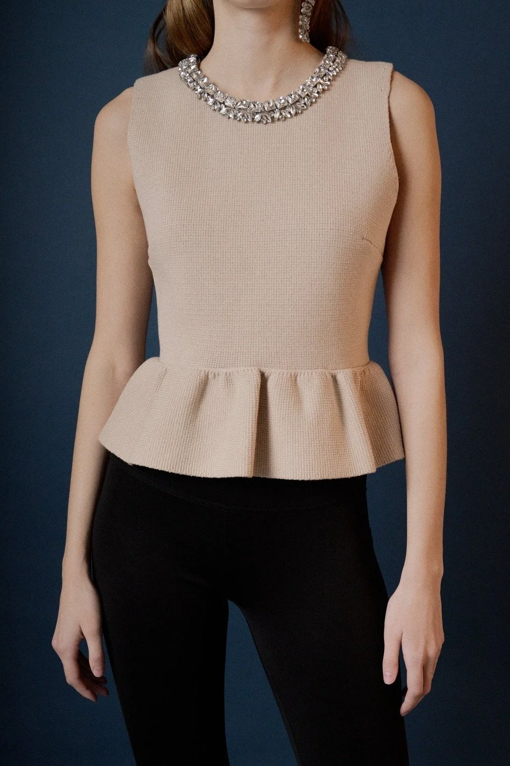Jewel Trim Neck Peplum Knit Top Beige
