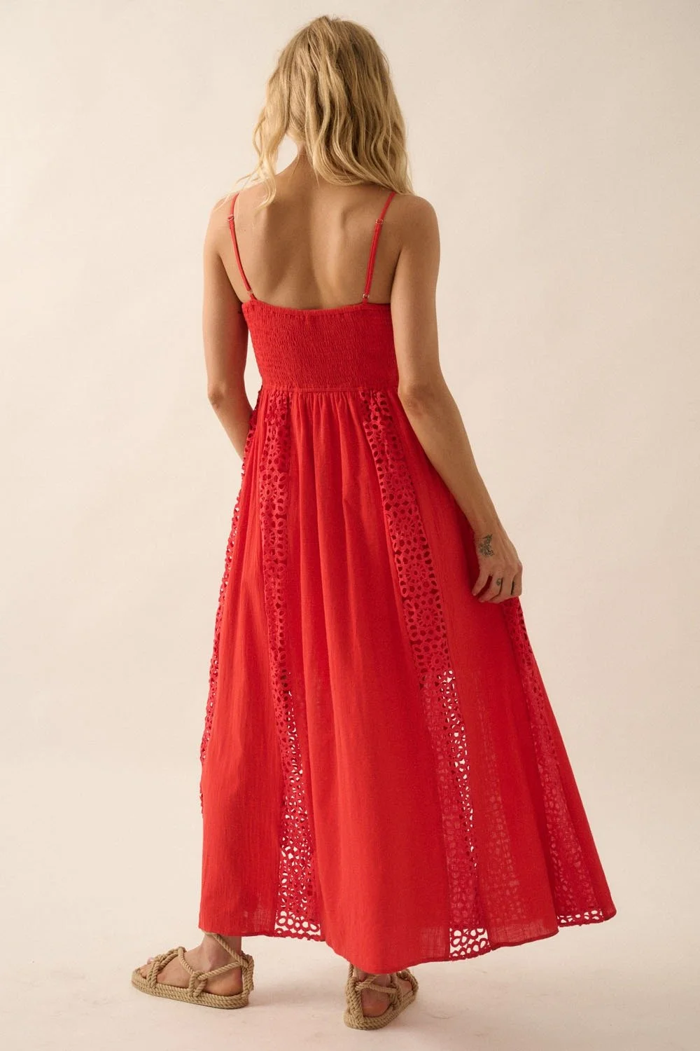 Crochet & Crepe Paneled Midi Dress Coral Red
