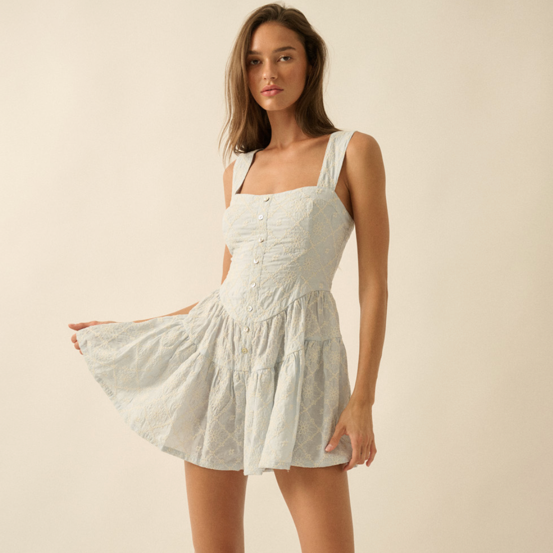 Floral Embroidered Tiered Corset Romper Light Chambray