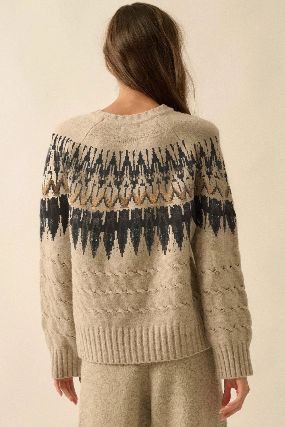 Cable Knit Fair Isle Raglan Sleeve Sweater Oatmeal