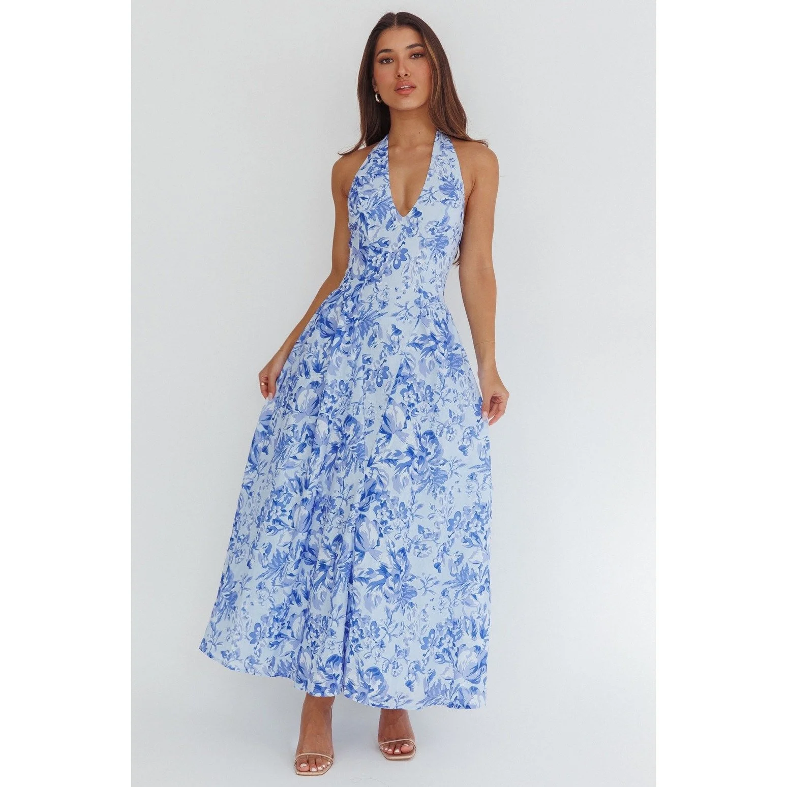 Halter Basque Waist Maxi Dress Cornflower Floral
