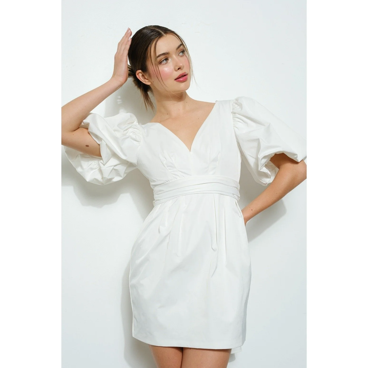 knee length dresses for ladies Ivory Short Puff Sleeve Eyelet Lace Mini Dress main image 0
