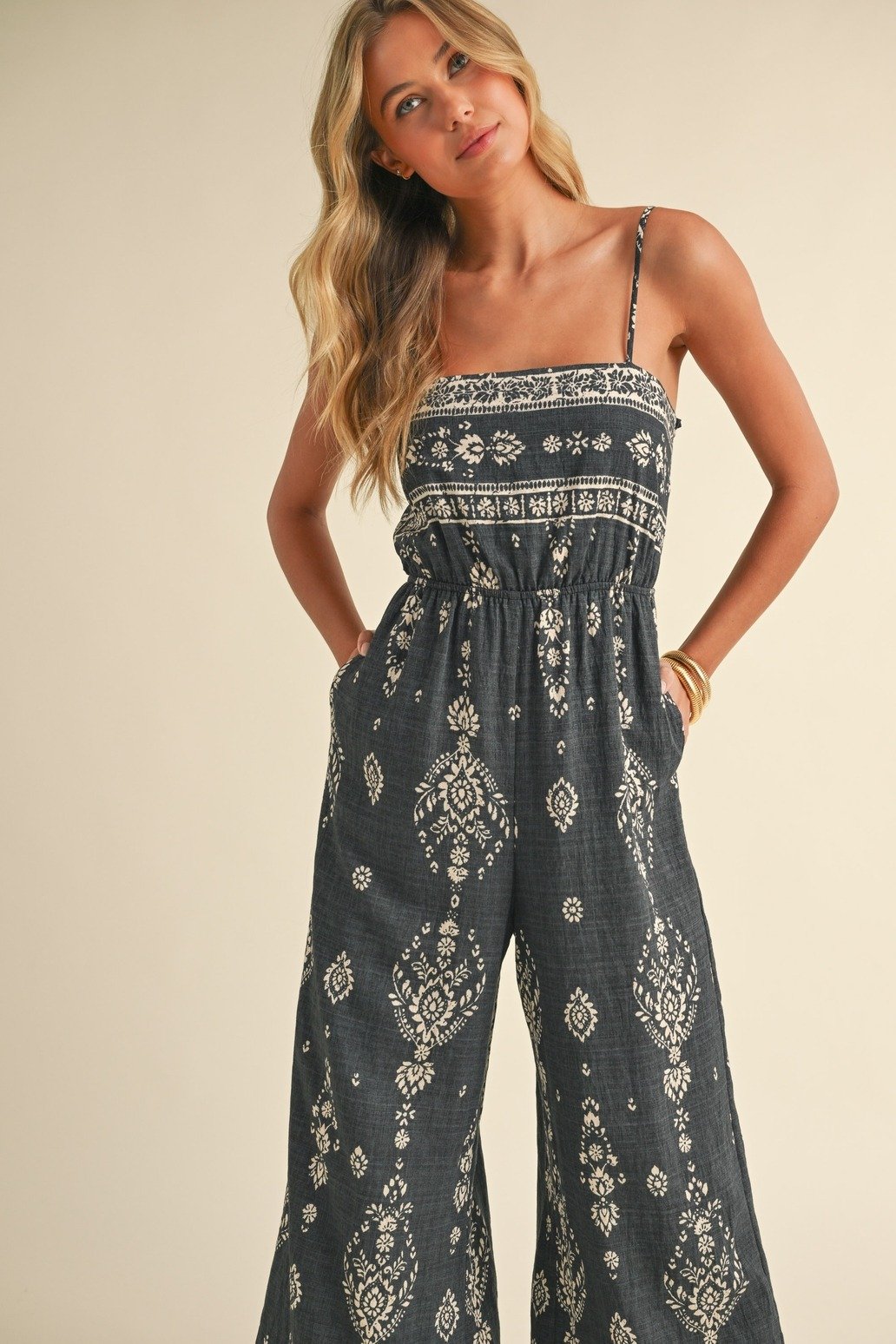 Bandana Print Wide Leg Jumpsuit Charcoal