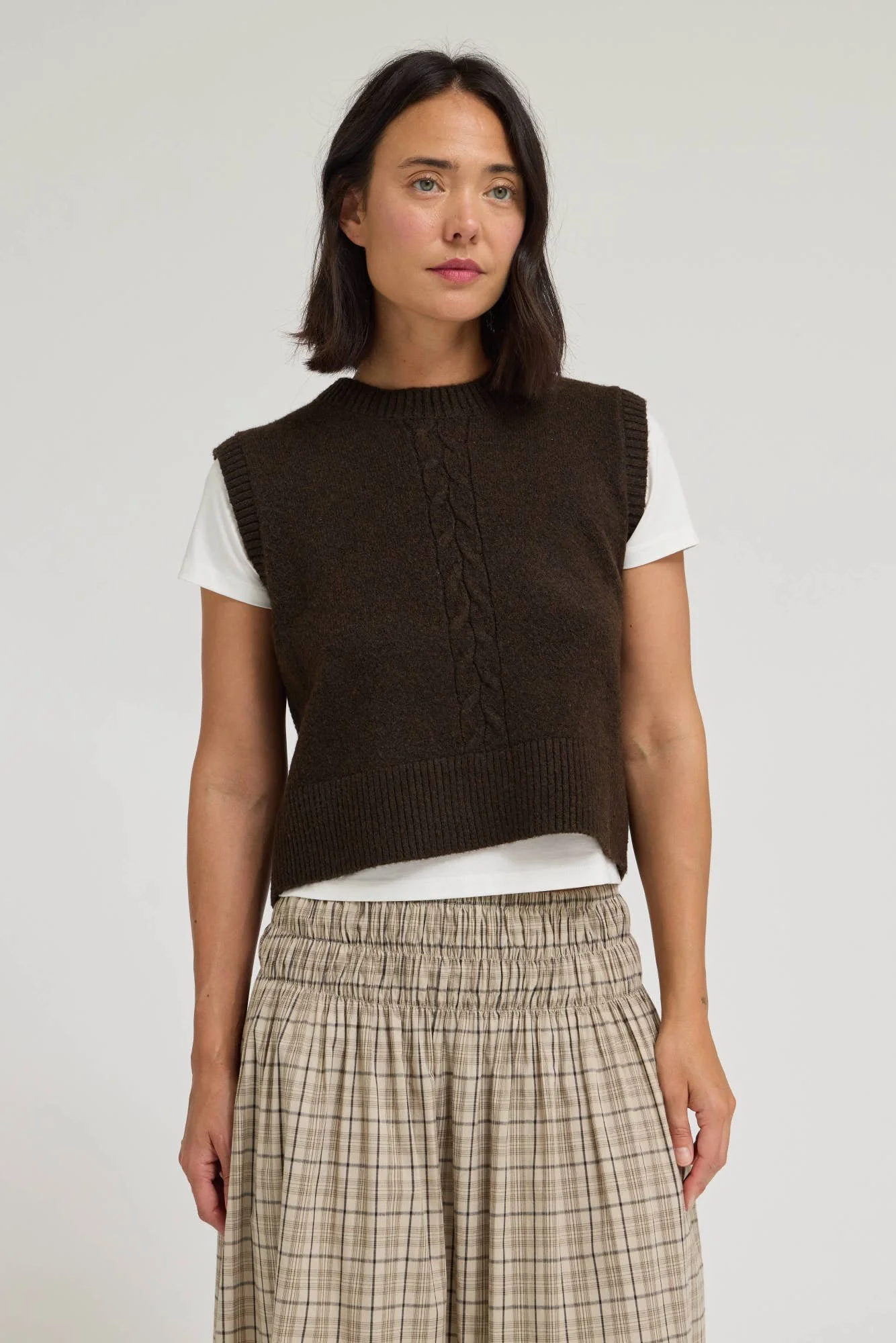 Button Back Cable Knit Sweater Vest Carob