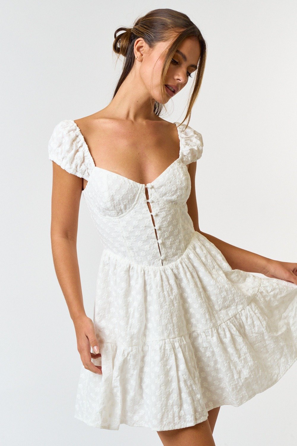 Corset Eyelet Mini Dress Off White