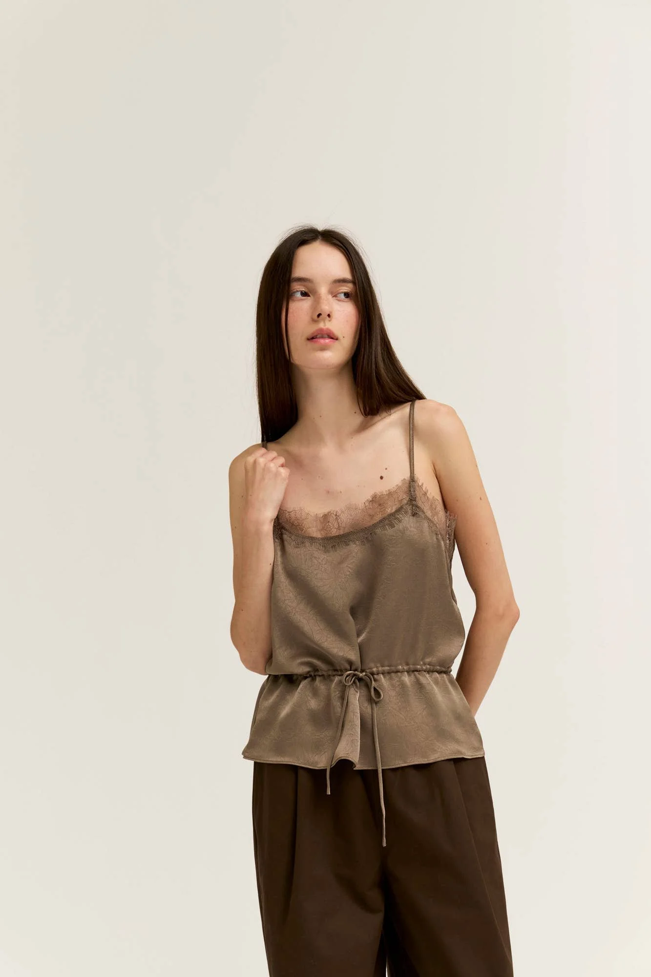 Crinkle Satin & Lace Slip Top Mushroom Taupe