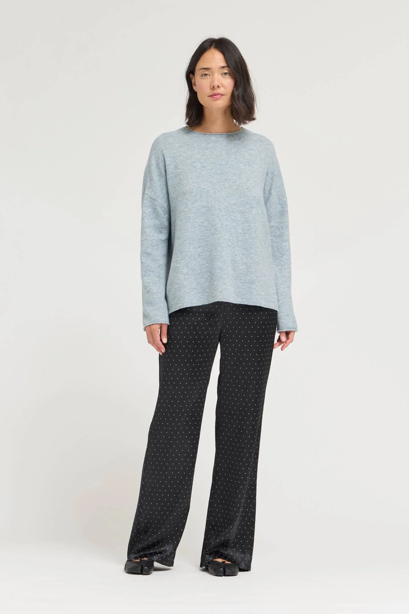 Back Button Boatneck Sweater Top Blue Grey
