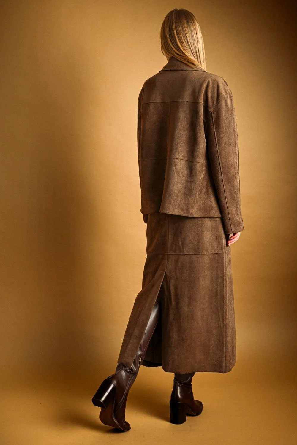 Faux Suede Straight Midi Skirt Brown