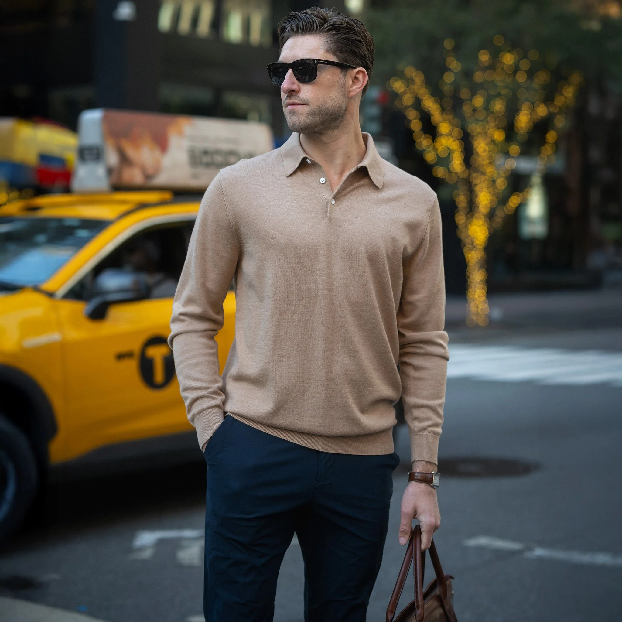 Collars & Co. - Bellagio Three Button Long Sleeve Merino Polo - Camel - 2.jpg