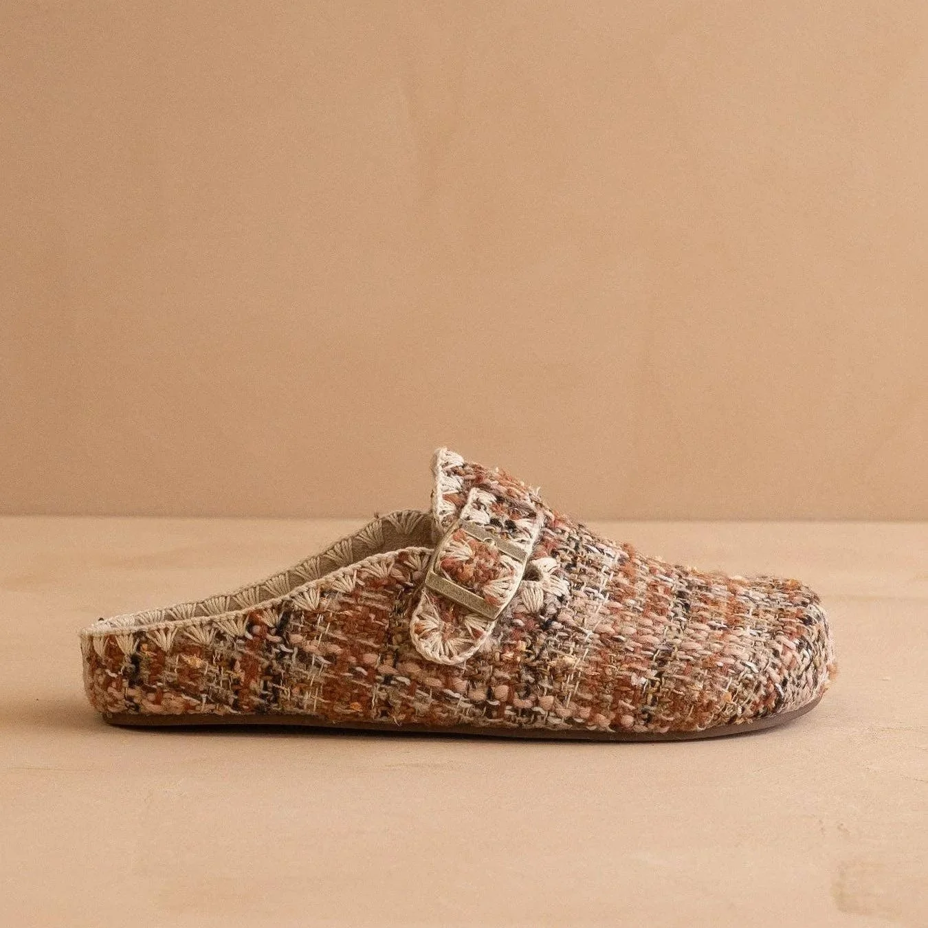 The Teri Buckle Mule Chai Tweed