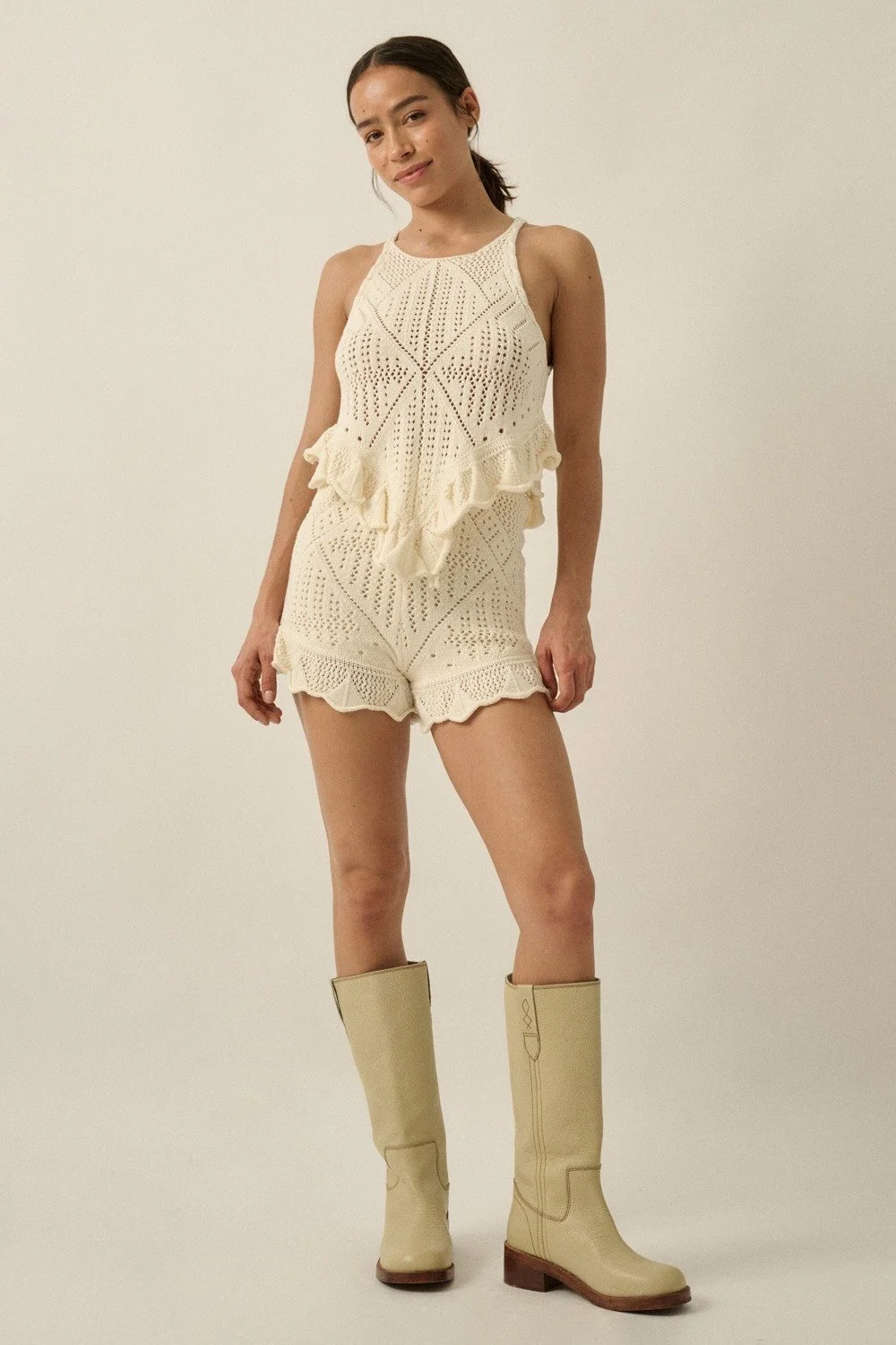 Pointelle Crochet Ruffled Handkerchief Top Cream