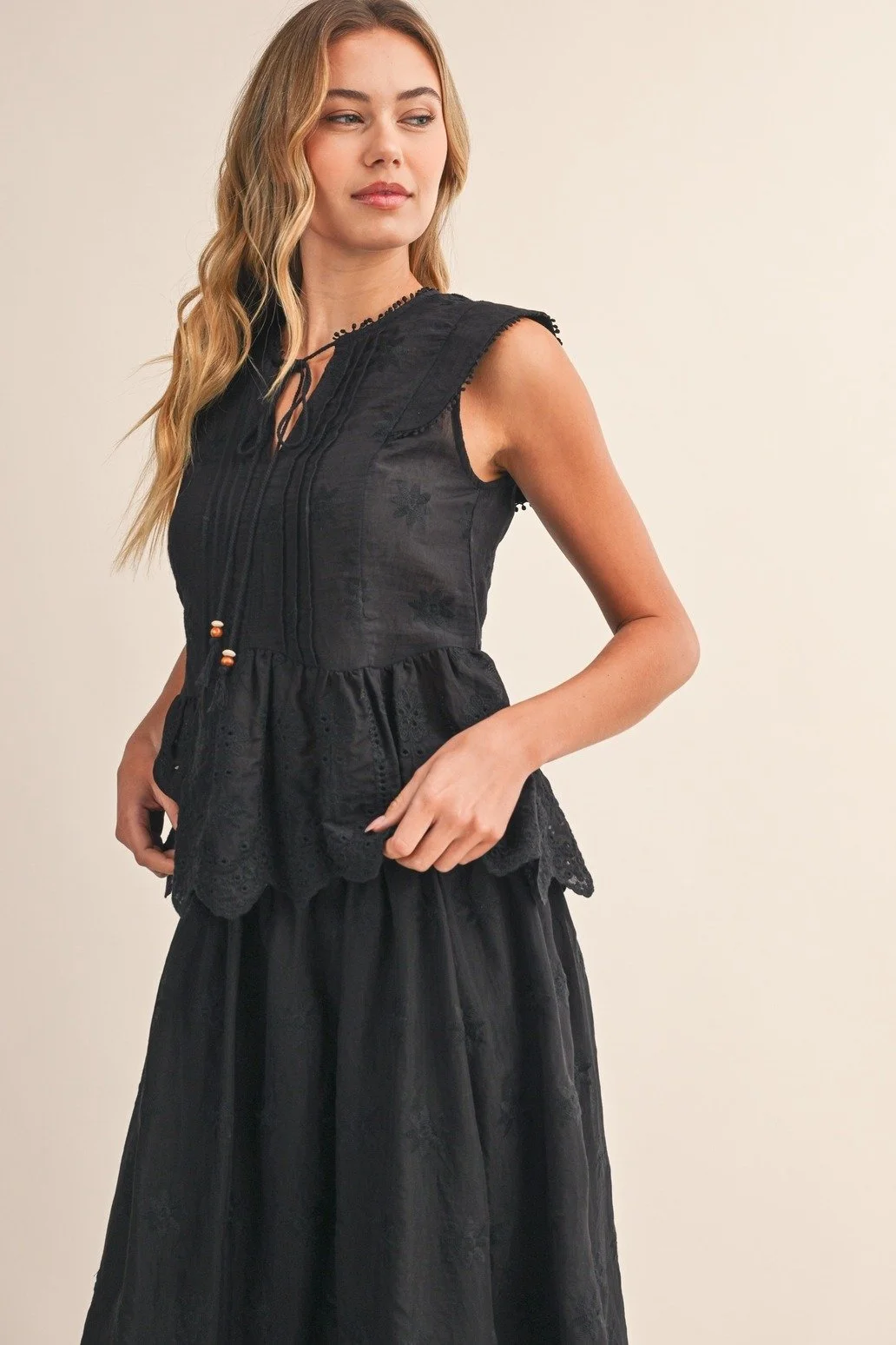 Embroidered Eyelet Blouse & Midi Skirt Set Black