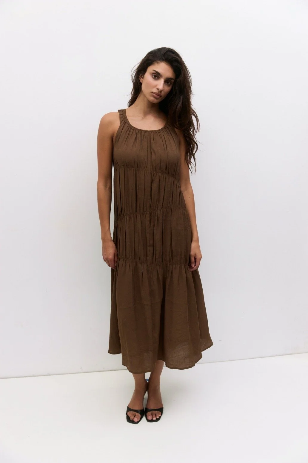 The Vittoria Tiered Midi Dress Brown