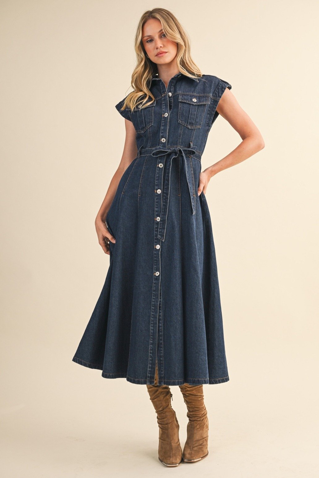 Cap Sleeve Button Down Midi Dress Dark Denim