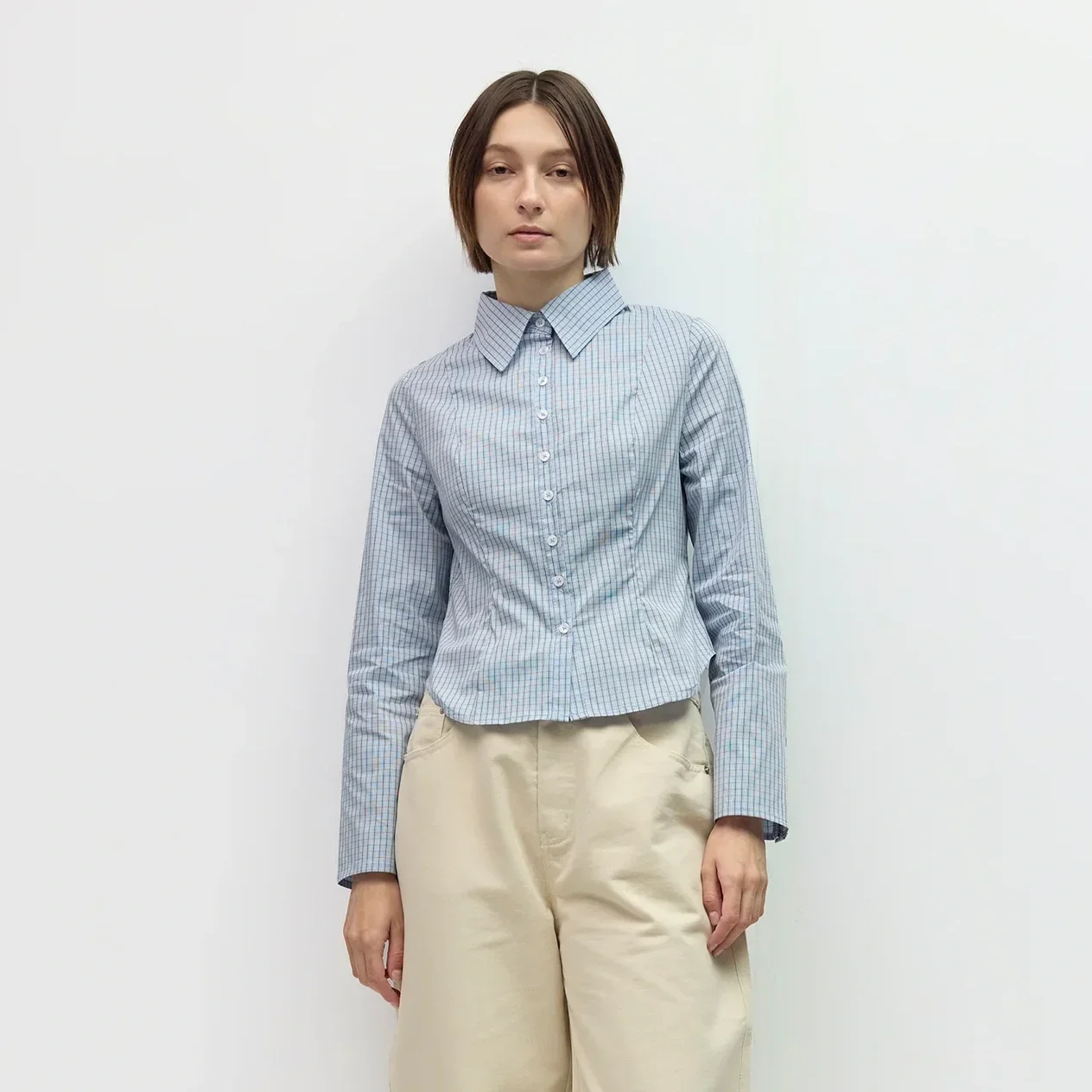 The Nicole Tapered Collared Top Blue Plaid