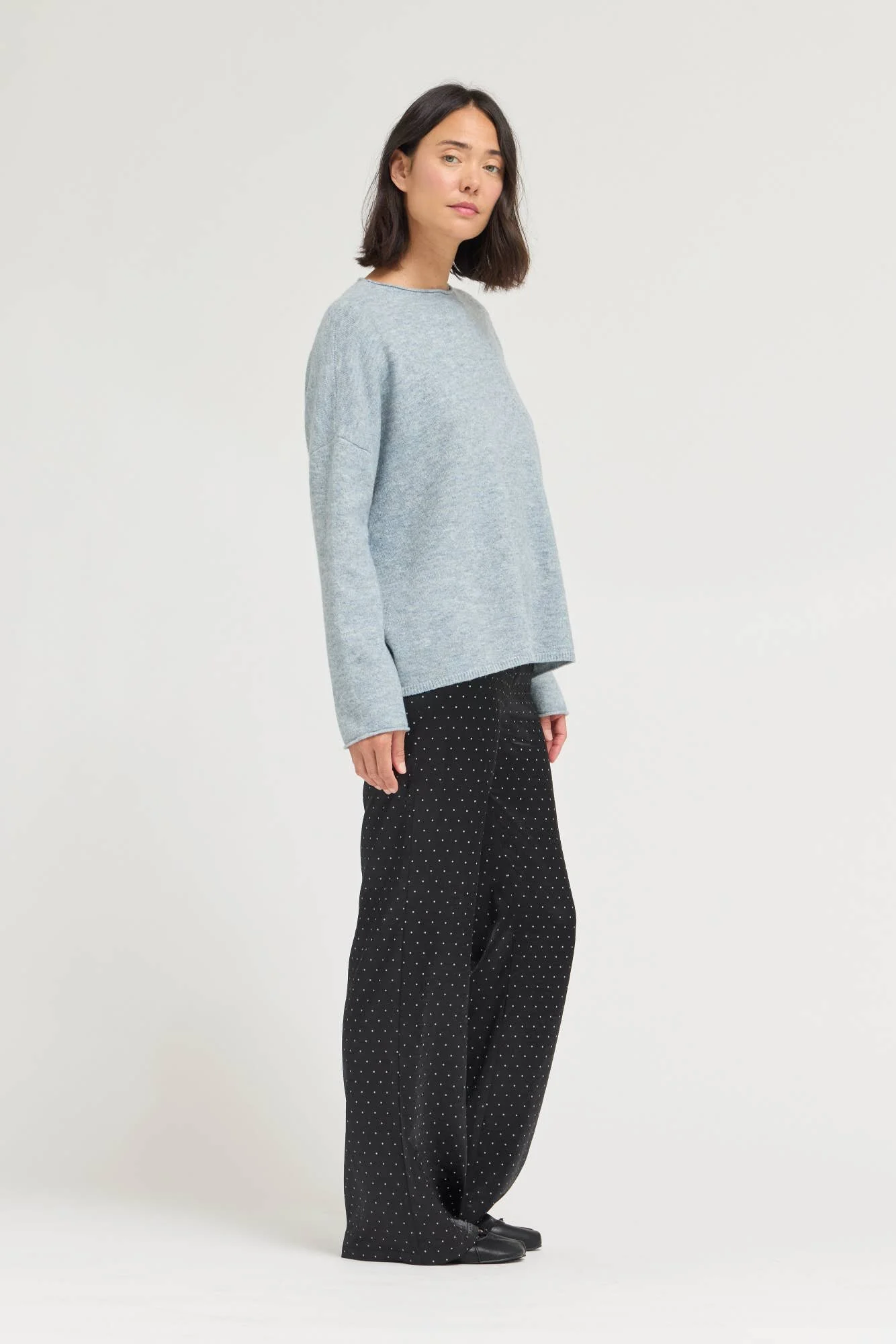 Back Button Boatneck Sweater Top Blue Grey
