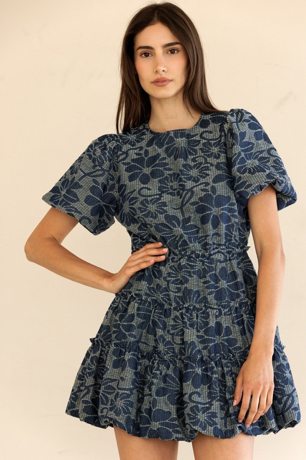 Puff Sleeve Tiered Mini Dress Indigo Floral
