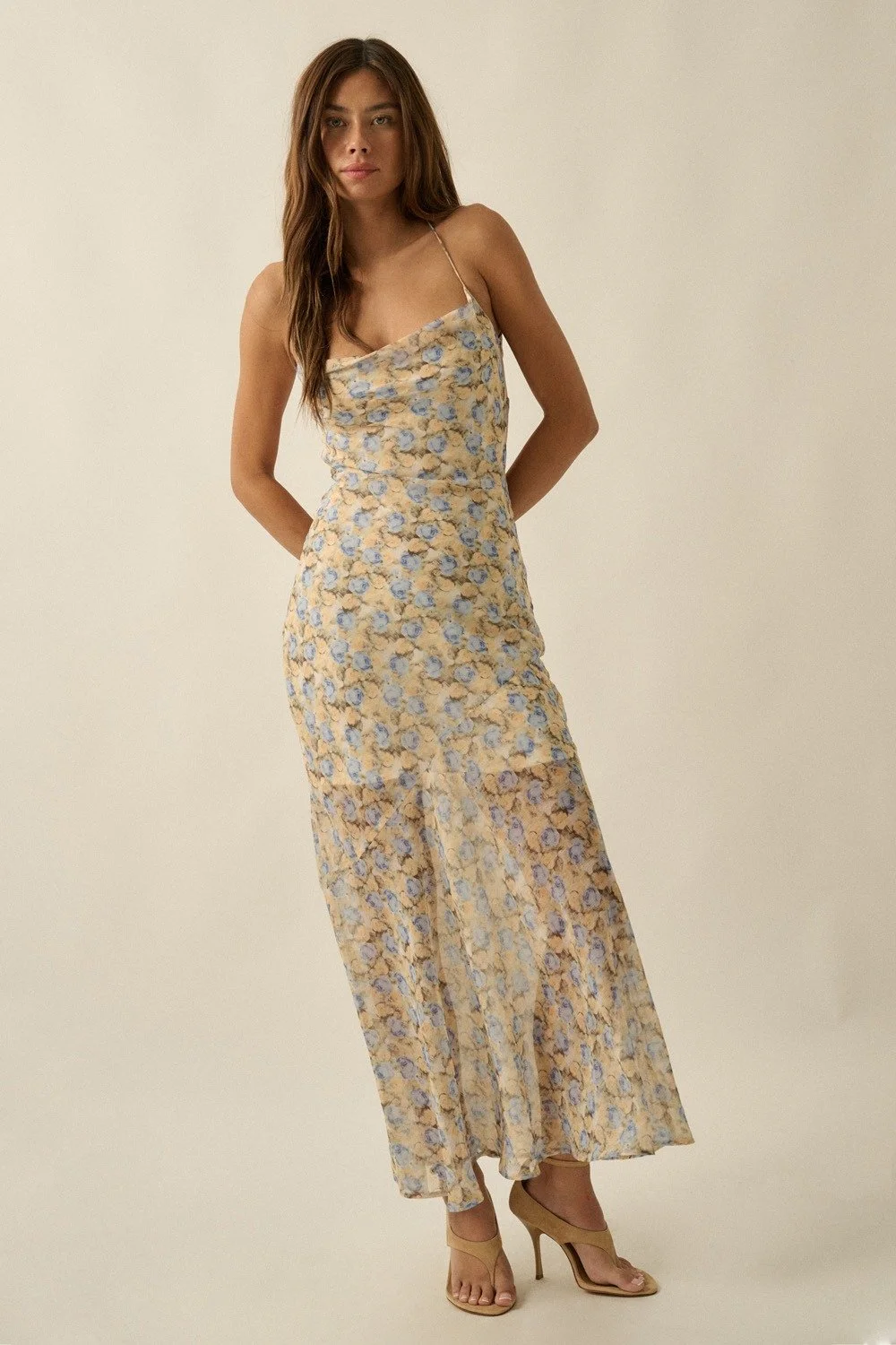 strappy chiffon maxi dress Orange Chiffon Strappy Volume Maxi Dress