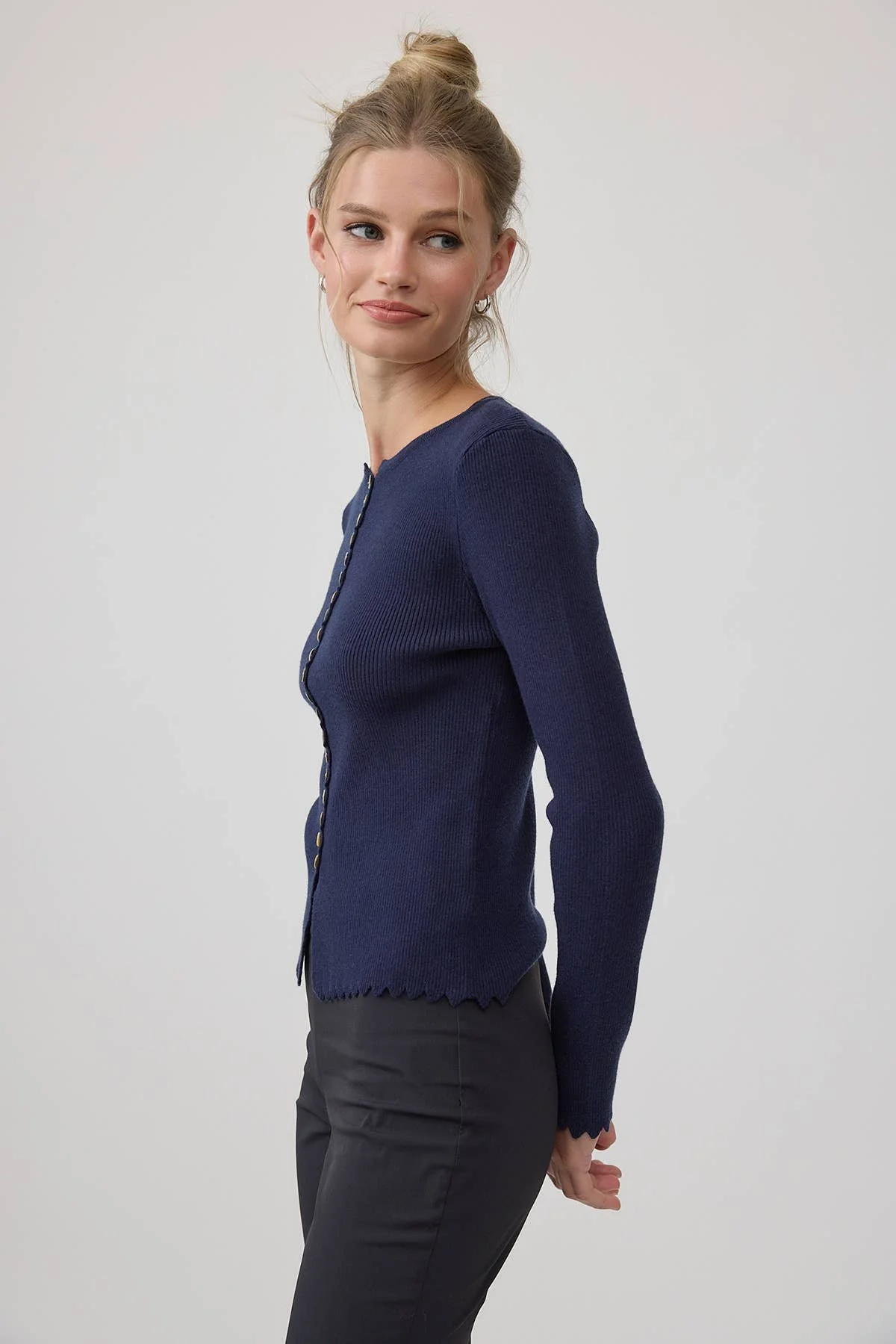 Scallop Trim Button Cardigan Navy