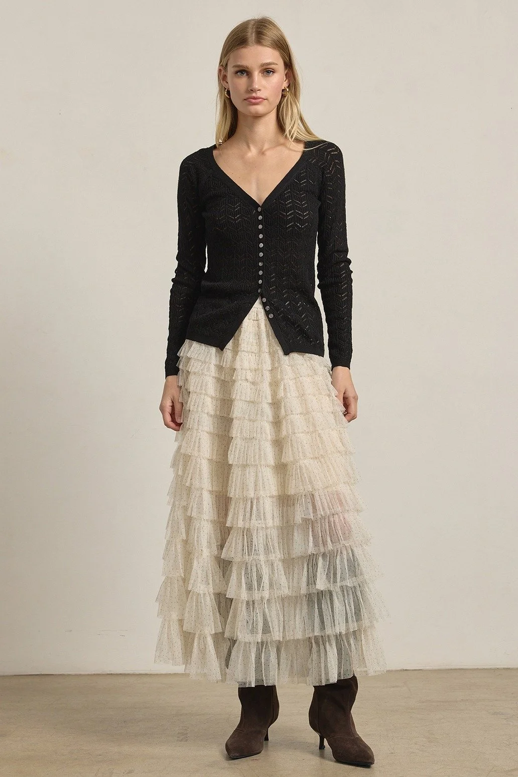 Layered Tulle Maxi Skirt Cream Polka Dot