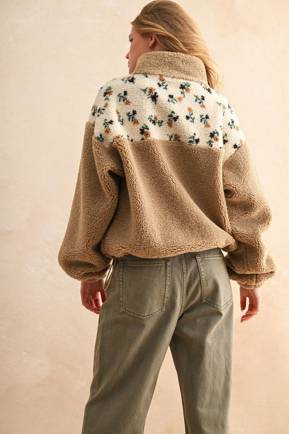Floral Print Sherpa Half Zip Pullover Camel