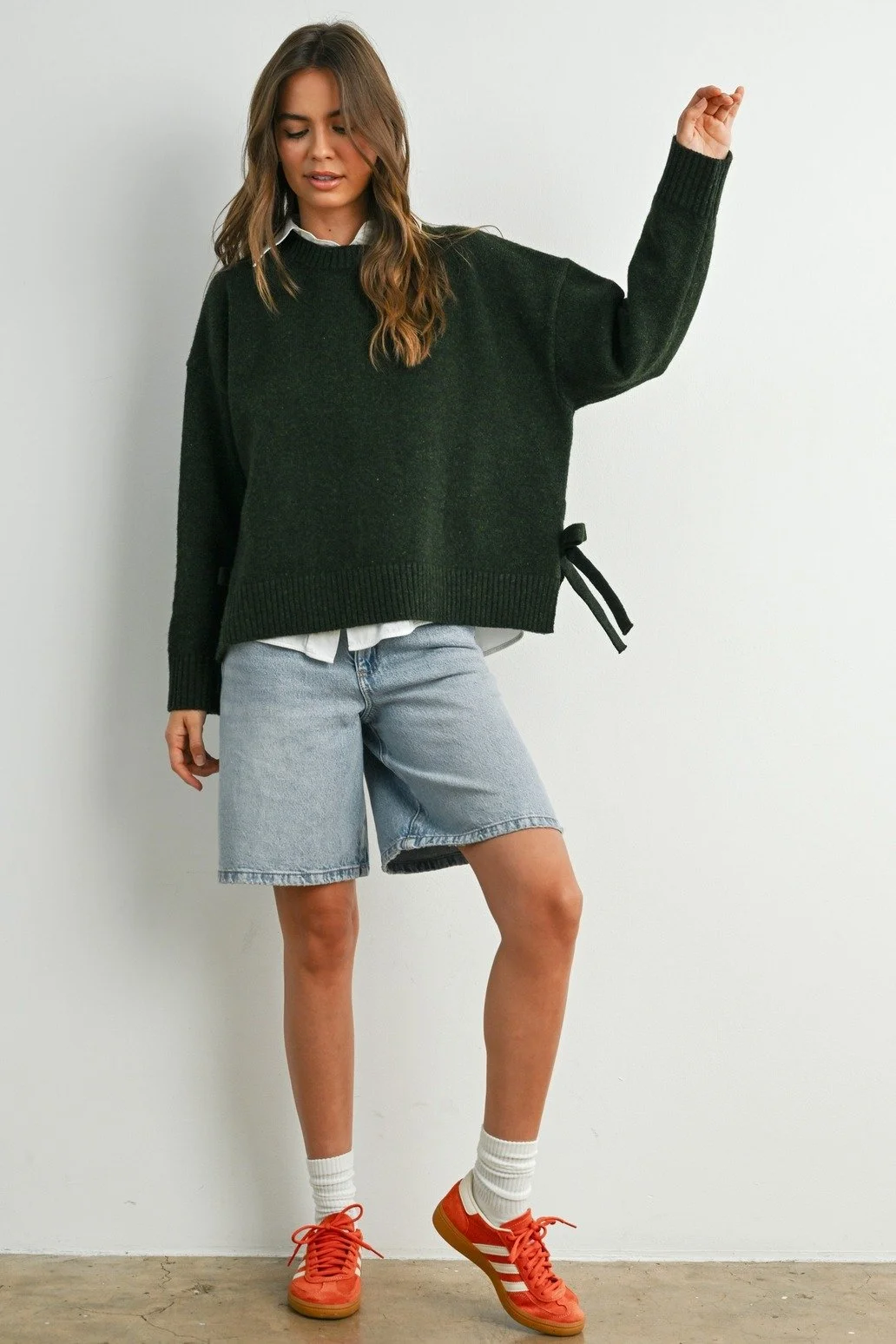 Side Bow Crew Neck Sweater Olive