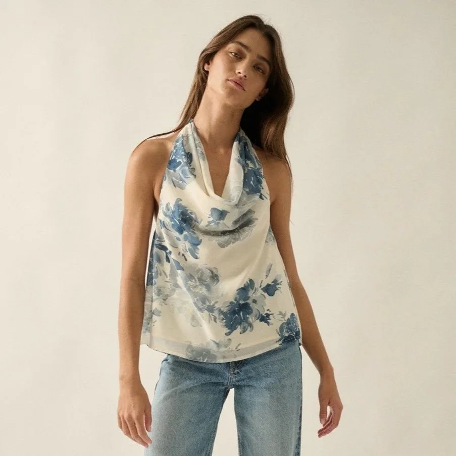 Chiffon Cowl Neck Halter Blouse Soft Blue Floral