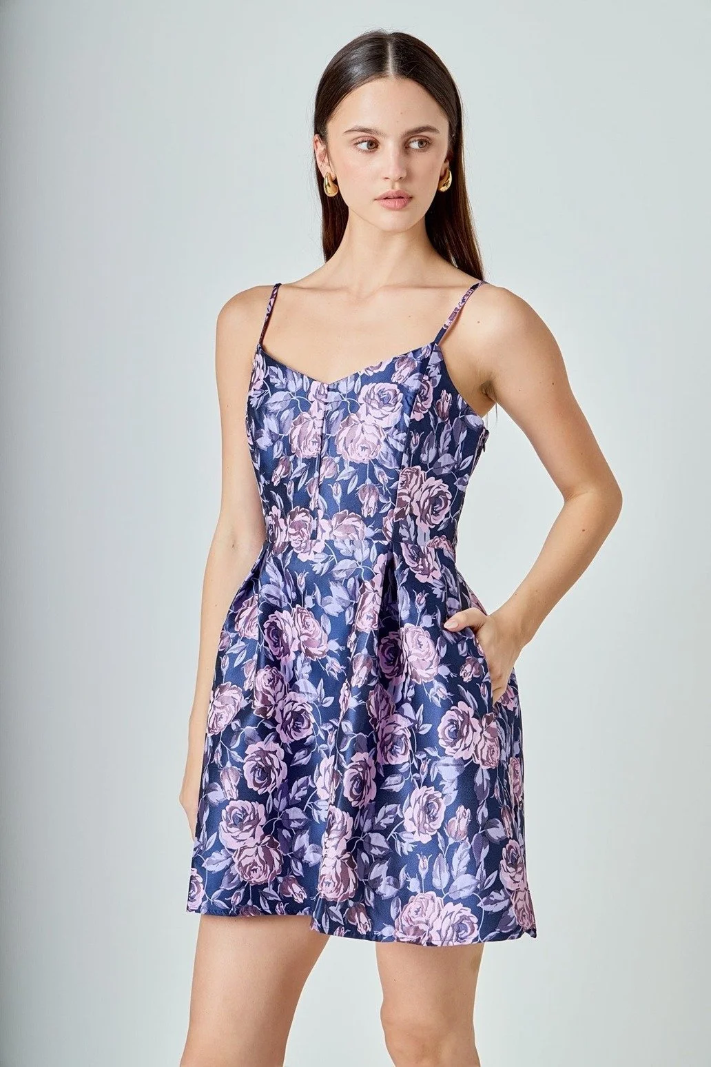 Floral Jacquard Sweetheart Neckline Mini Dress Purple