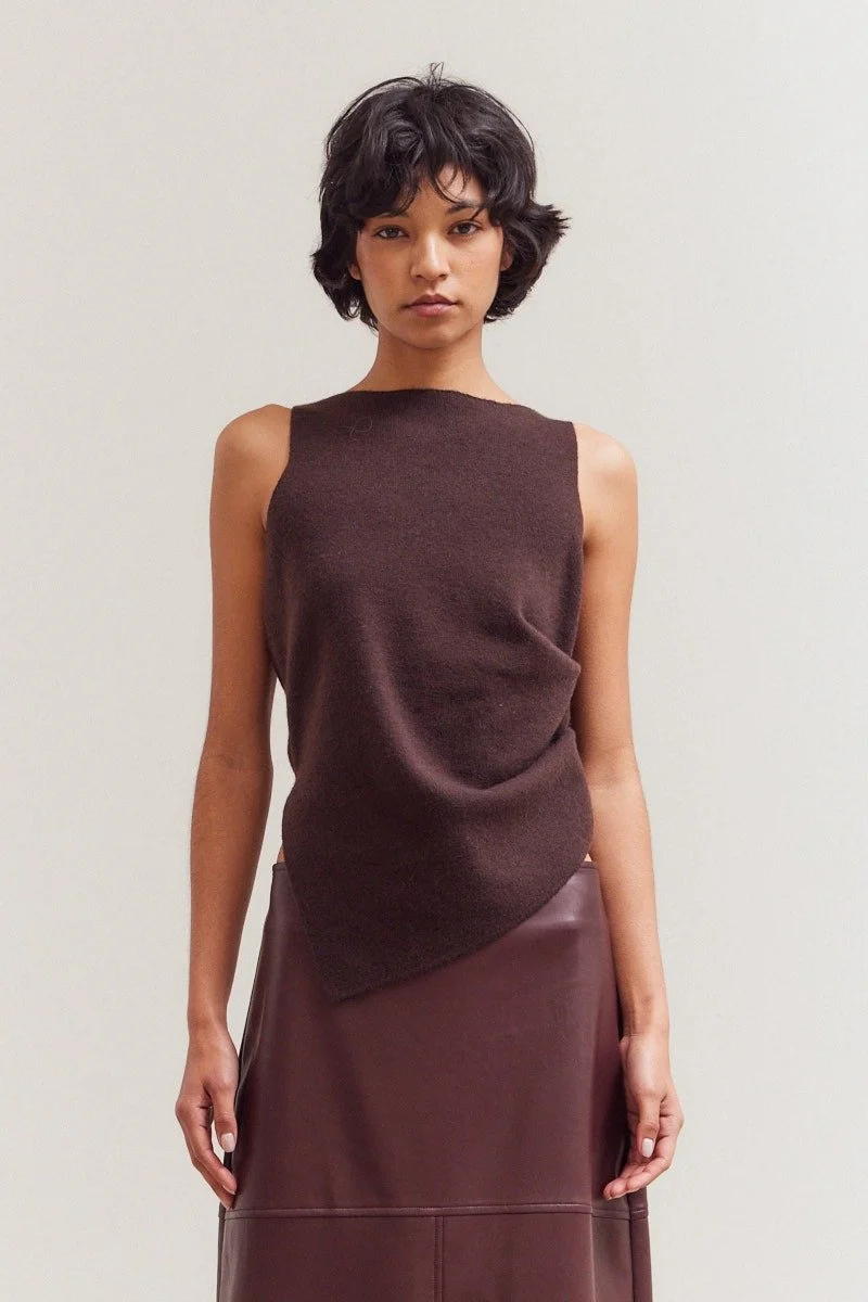 Unbalanced Sleeveless Knit Top Dark Chocolate