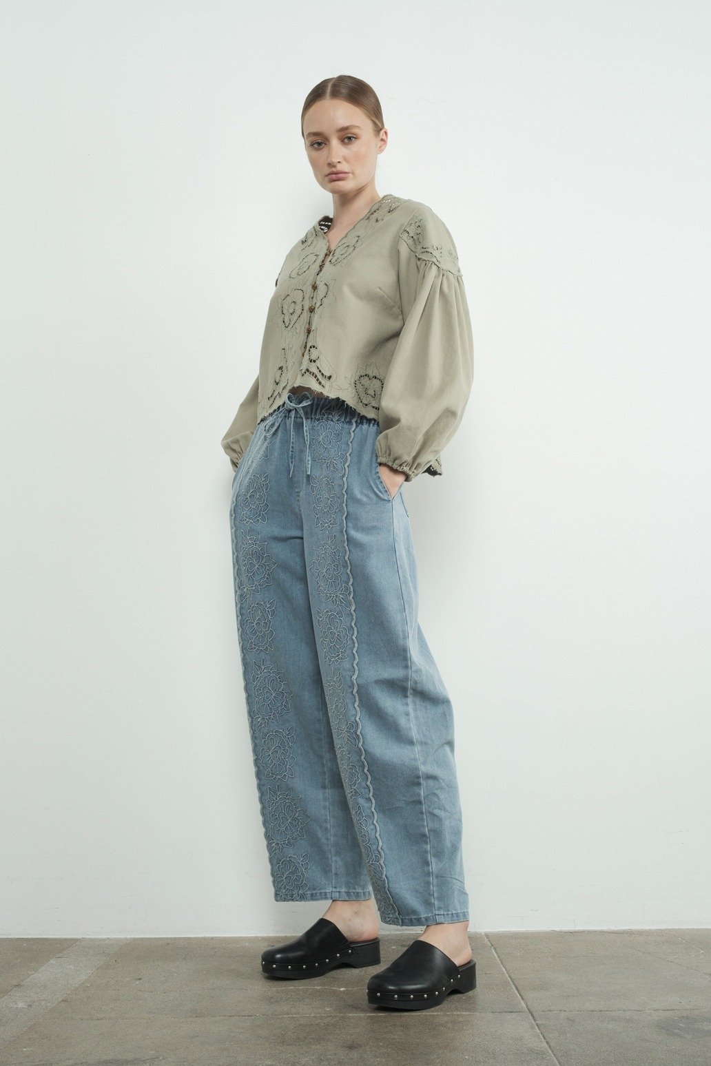 Embroidered Flower V-neck Button Blouse Olive