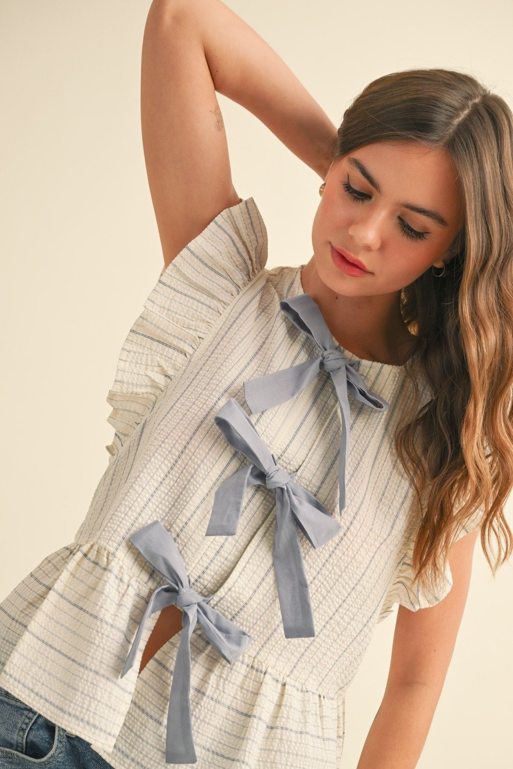 Bow Front Ruffle Blouse Blue Stripe