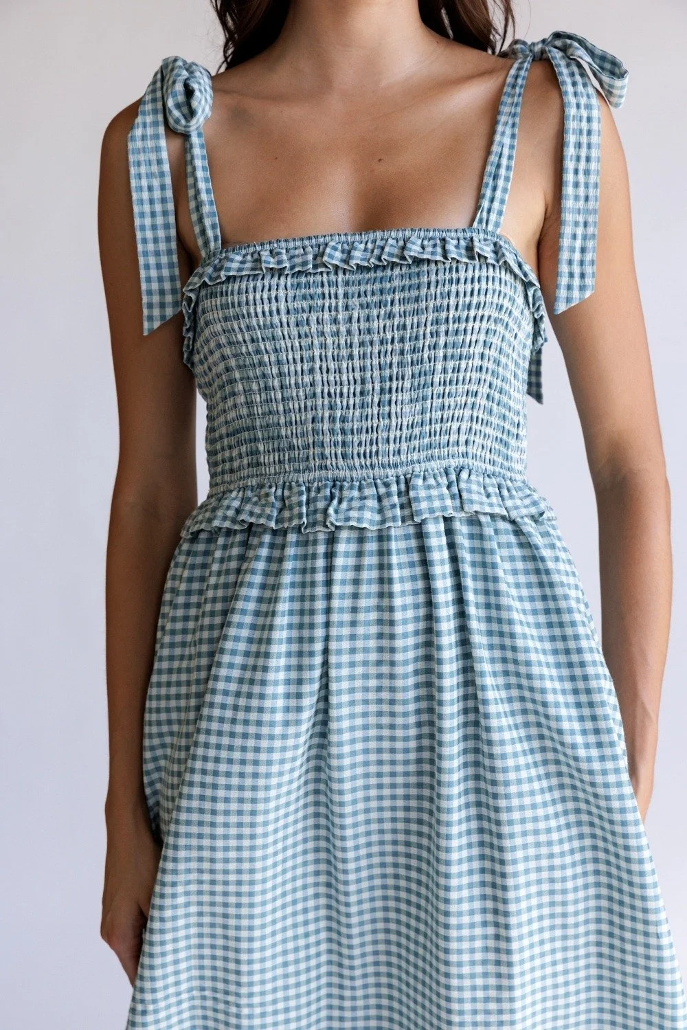 Bow Strap Smocked Midi Dress Teal Gingham