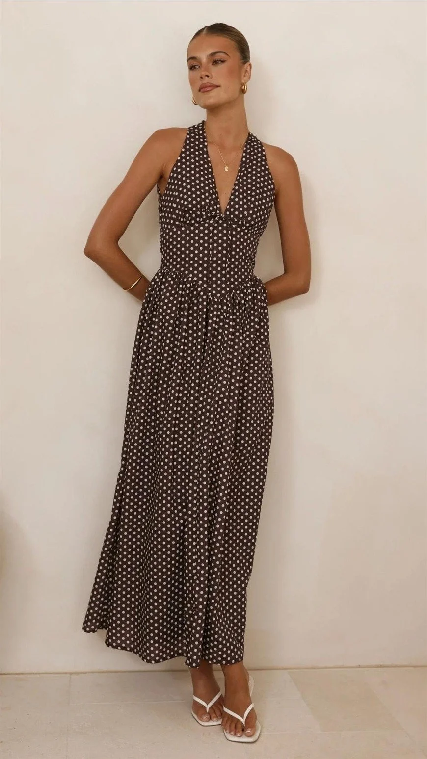 Halter V-neck Maxi Dress Chocolate Polka Dot