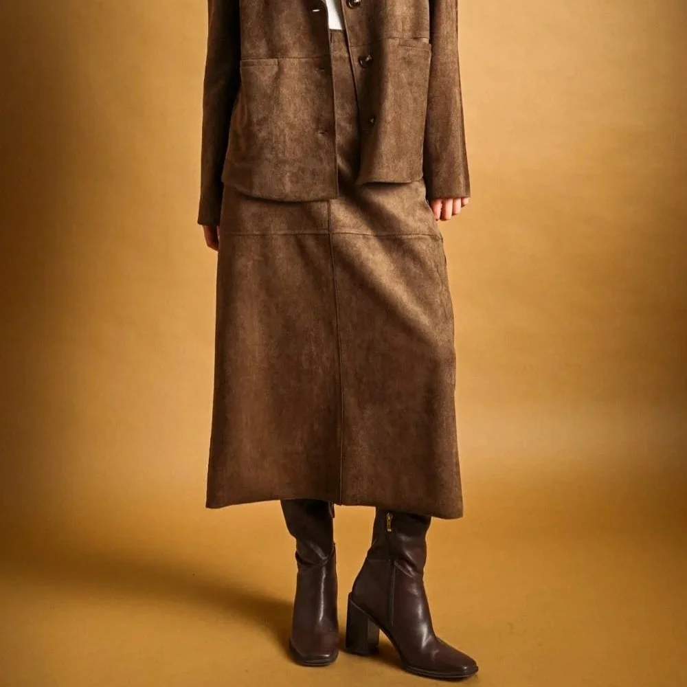 Faux Suede Straight Midi Skirt Brown