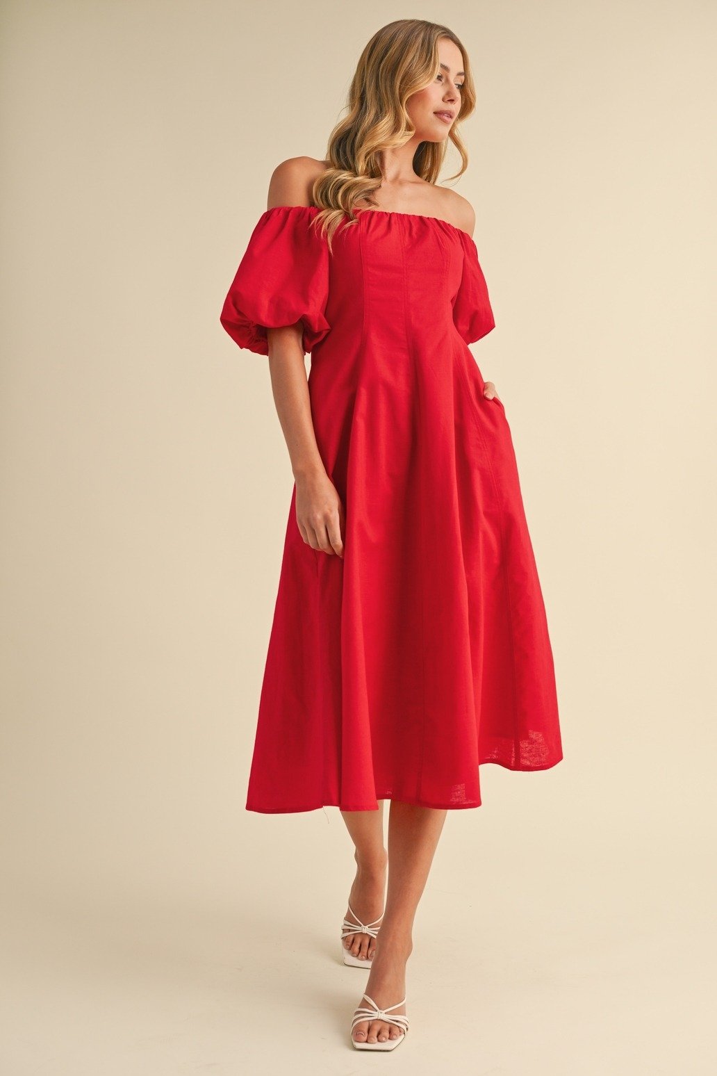 Puff Sleeve Off-Shoulder A-line Midi Dress Red