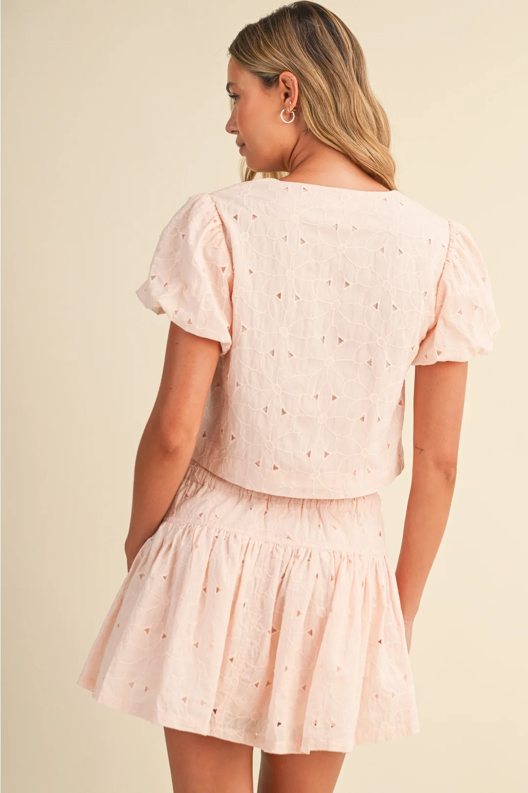 Floral Eyelet Puff Sleeve Top & Mini Skirt Set Blush