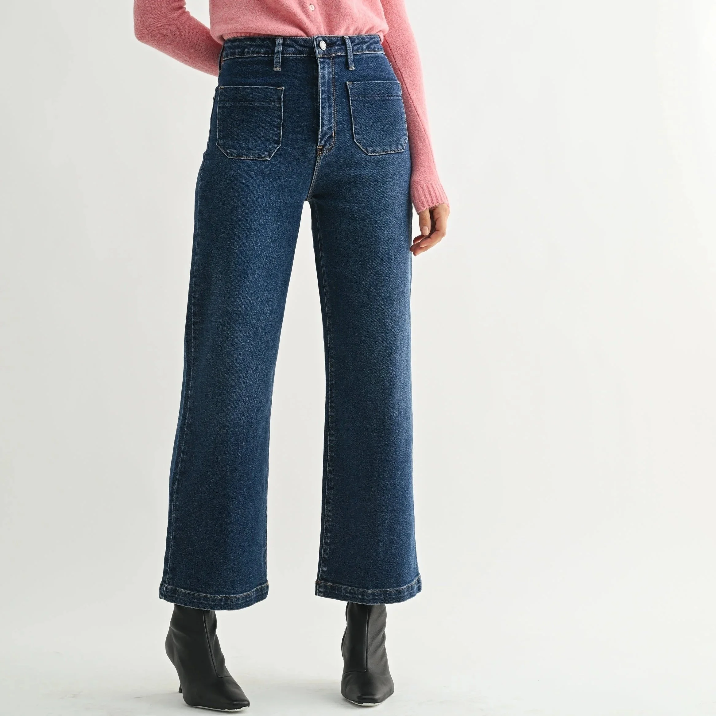 Patch Pocket Wide Leg Jeans Dark Denim