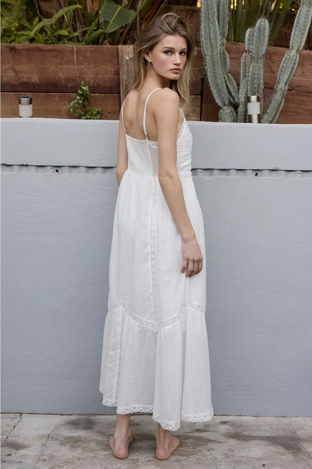 Lace Trim Button Down Maxi Dress White