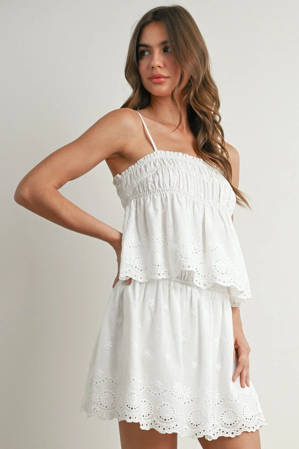 Eyelet Ruffle Smocked Top White