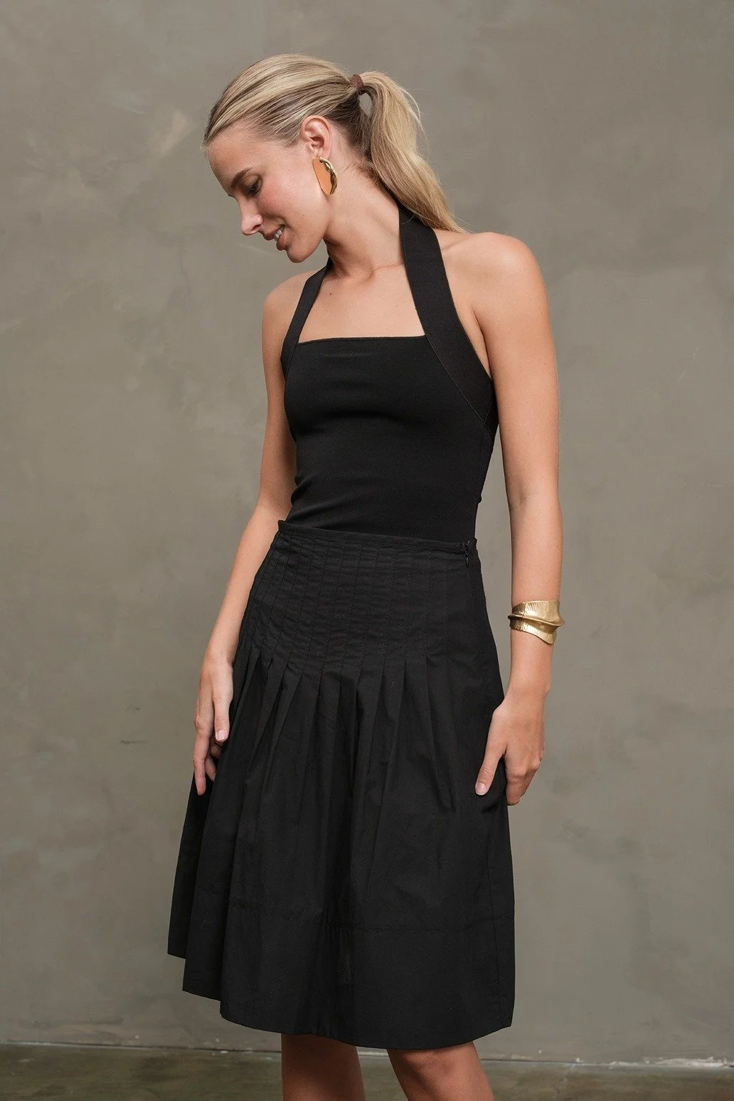 Structured Pleat Full Midi Skirt Black