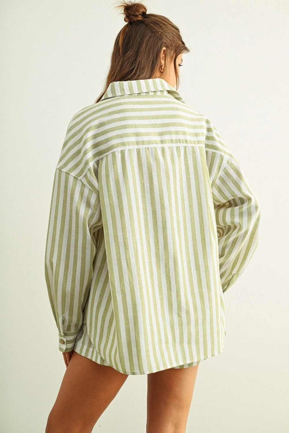 Linen Collared Button Down Sage & White Stripe