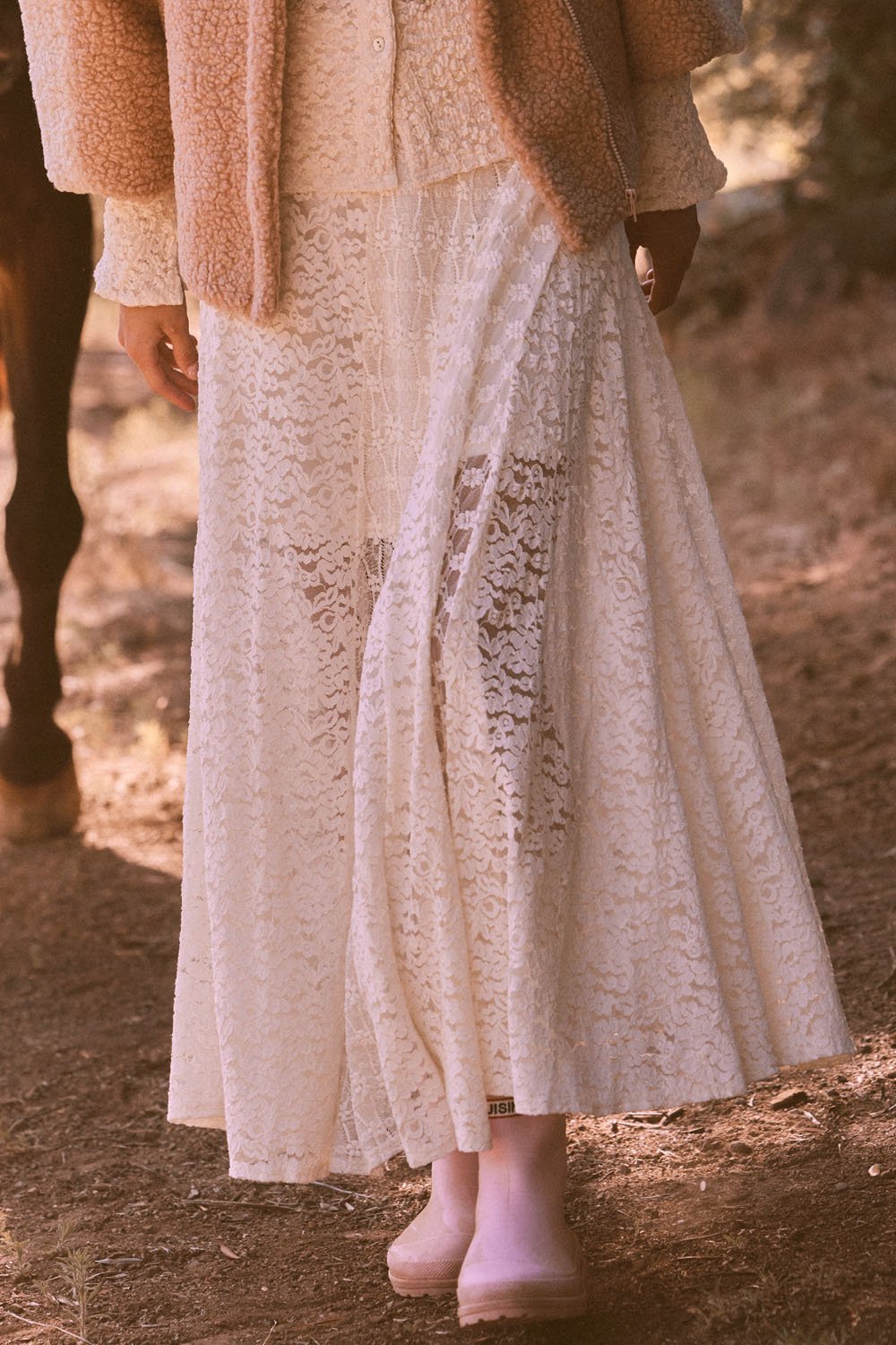 Floral Lace Panel Maxi Skirt Cream